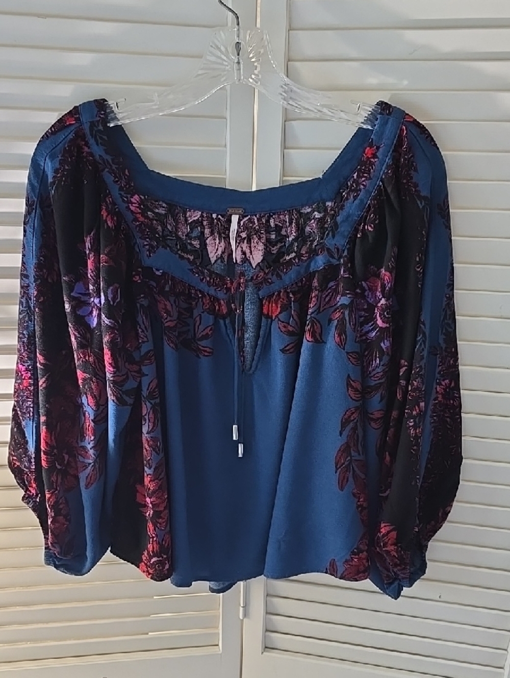 Free People Blue Floral Peasant Blouse with Tie